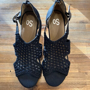 NWOT‎ SO size 8.5 black woven cork wedge heeled sandals.
